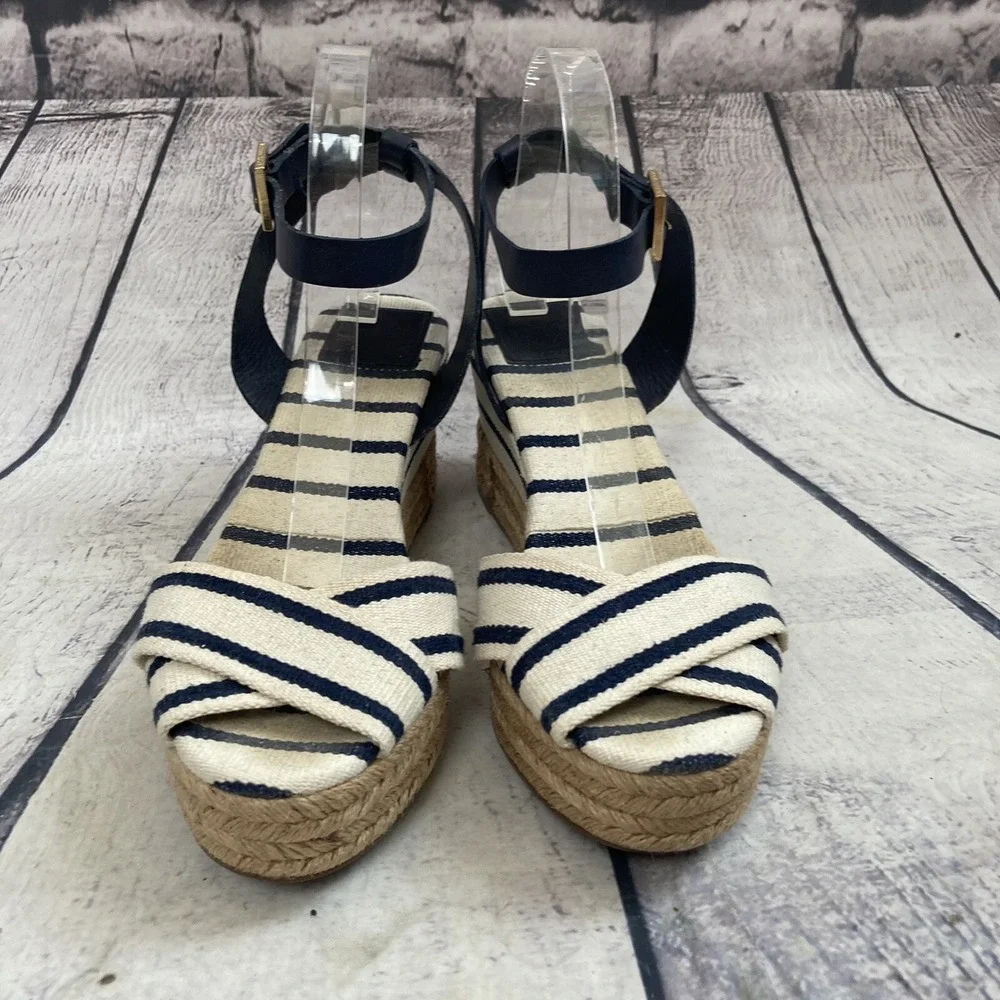 Tory Burch Sandal Women sz 10B Leather Striped Espadrille Blue Ivory Ankle Strap